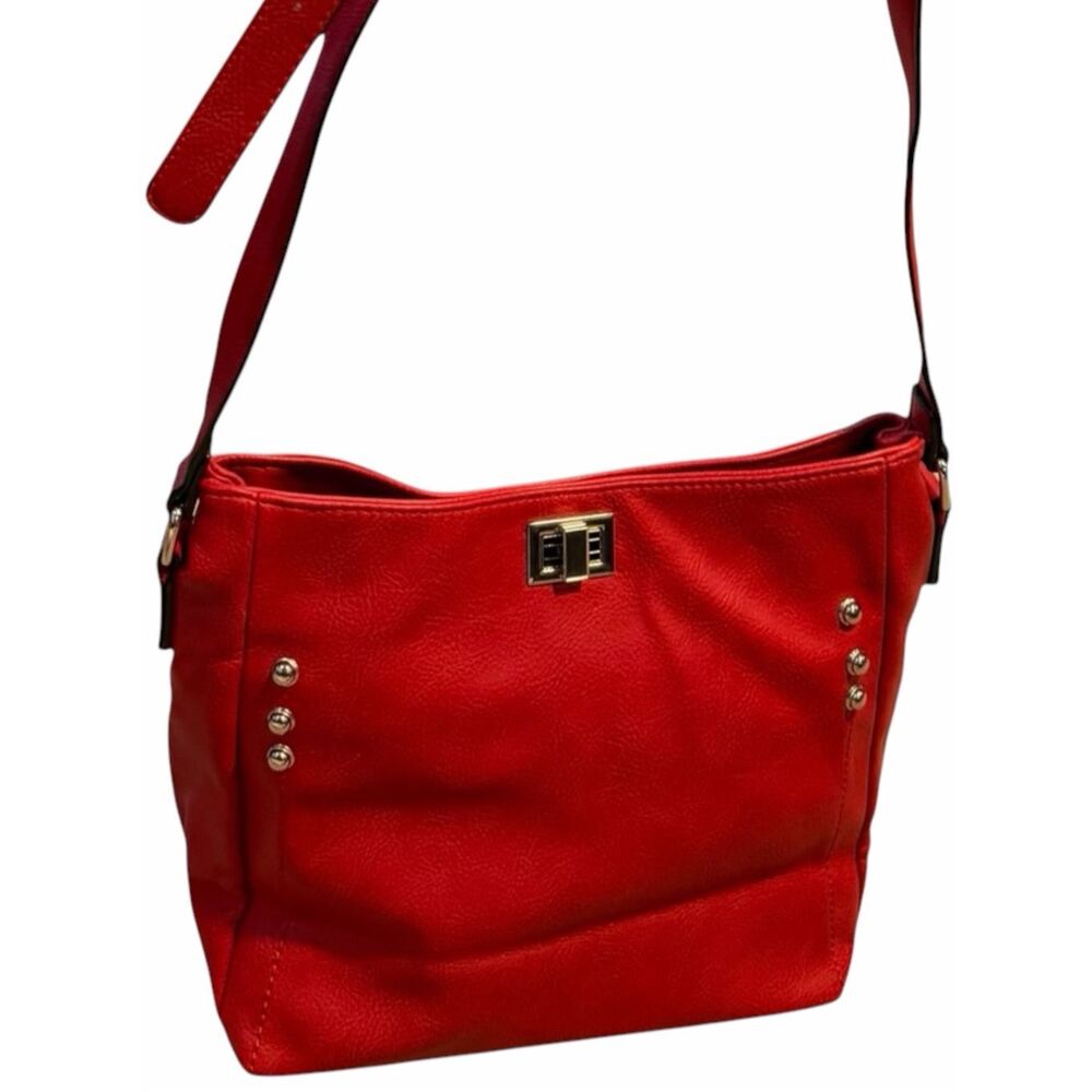 Bright Red Studded Turn Lock Crossbody Shoulder Bag Faux Leather